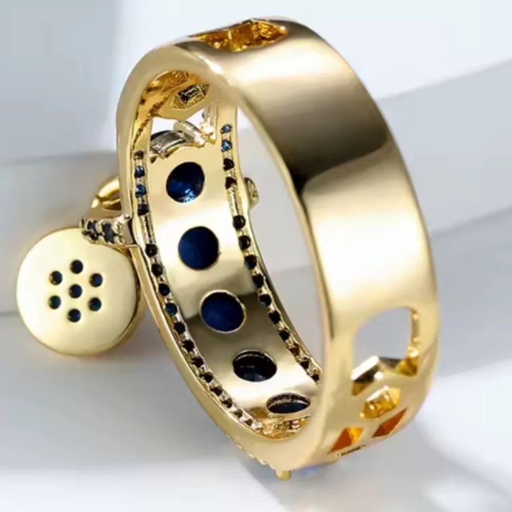 Elegant Golden and Blue Gemstone Ring Sz 8